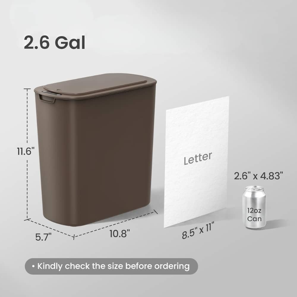 Brown rectangular trash can with lid; dimensions 11.6 in tall, base 5.7 by 10.8 in, shown beside a letter-size sheet and a 12 oz can for scale.