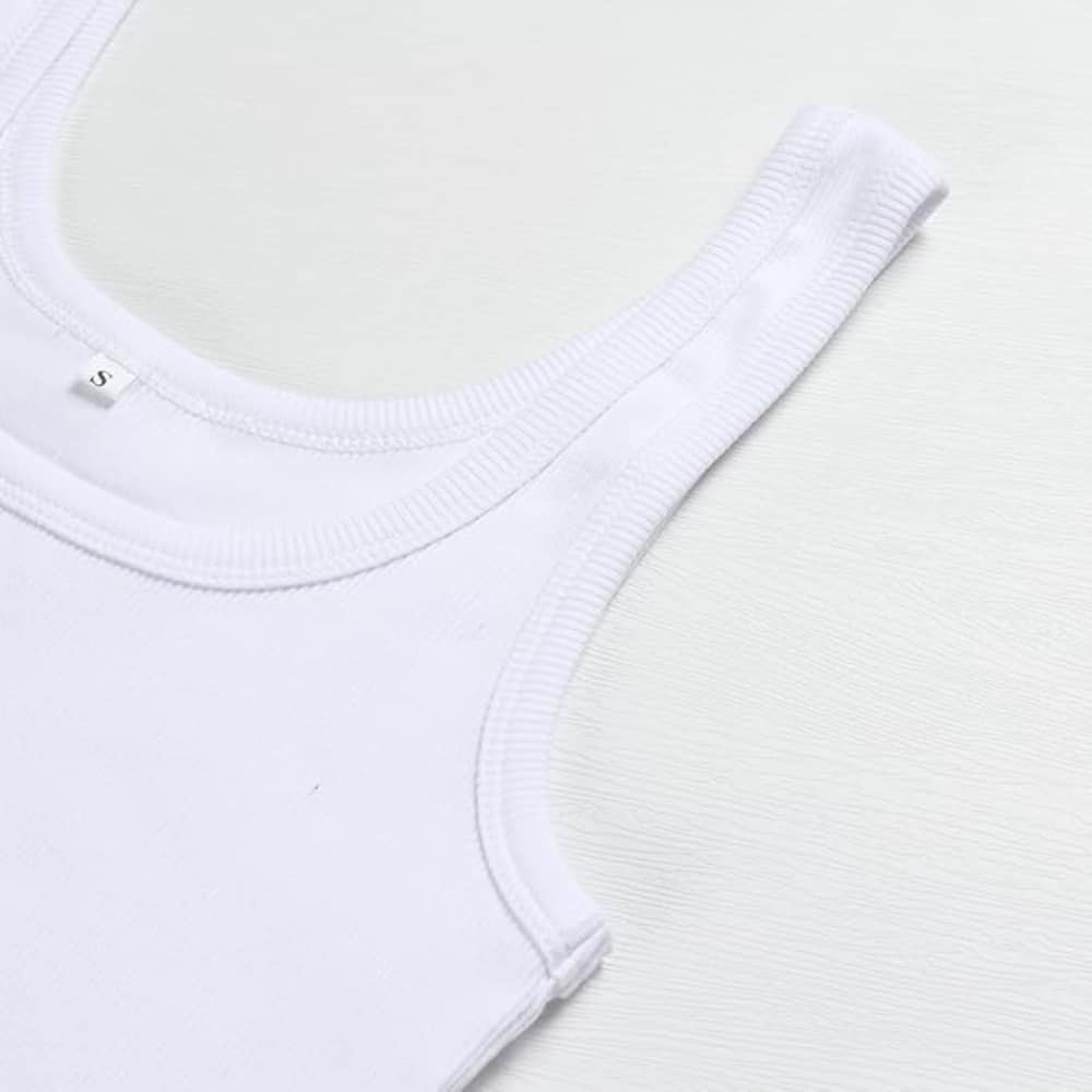 White sleeveless tank top laid flat, showing neckline and armhole detail on a light surface.