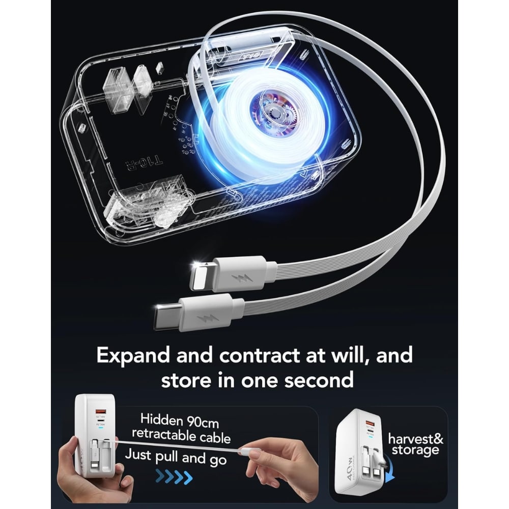 Promotional image of a device with a hidden retractable cable, emphasizing quick expand-and-store feature and USB-C/Lightning connectors (advertisement).