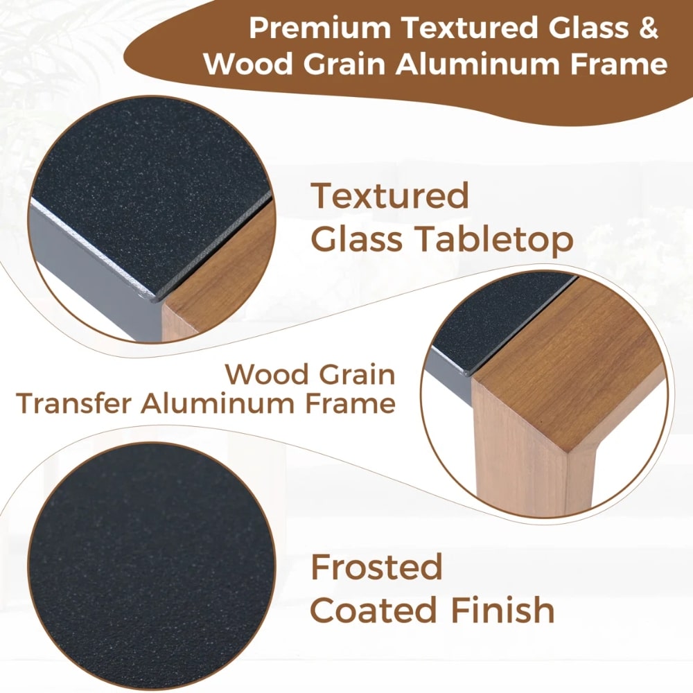 Textured glass tabletop with a wood-grain aluminum frame and frosted finish.