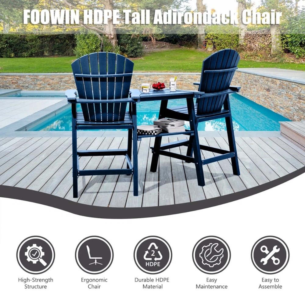 Two blue HDPE tall Adirondack chairs with a small table on a wooden pool deck by a blue-tiled pool.