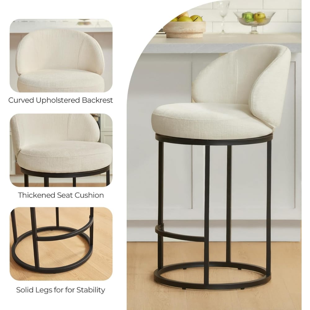 Cream-colored bar stool with a curved upholstered backrest, thick seat cushion, and a circular black metal base for stability in a kitchen.