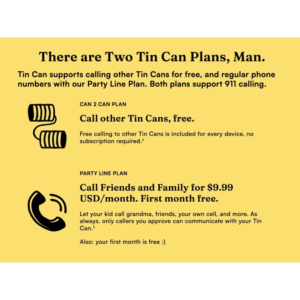Infographic on Tin Can Plans: CAN 2 CAN PLAN offers free calls between cans; PARTY LINE PLAN costs $9.99 per month with first month free, on a yellow background.