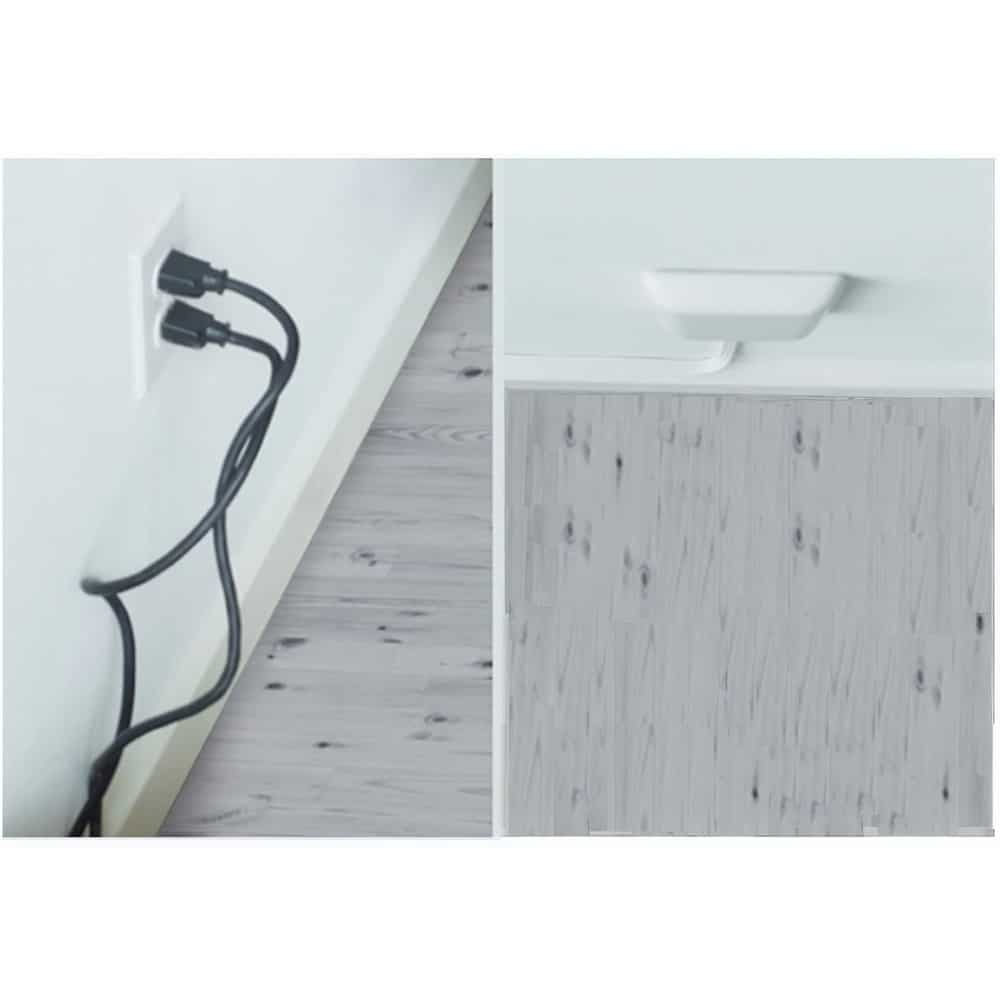 Two-panel image: left shows tangled black power cords plugged into a wall outlet; right shows a white cabinet drawer with a handle.