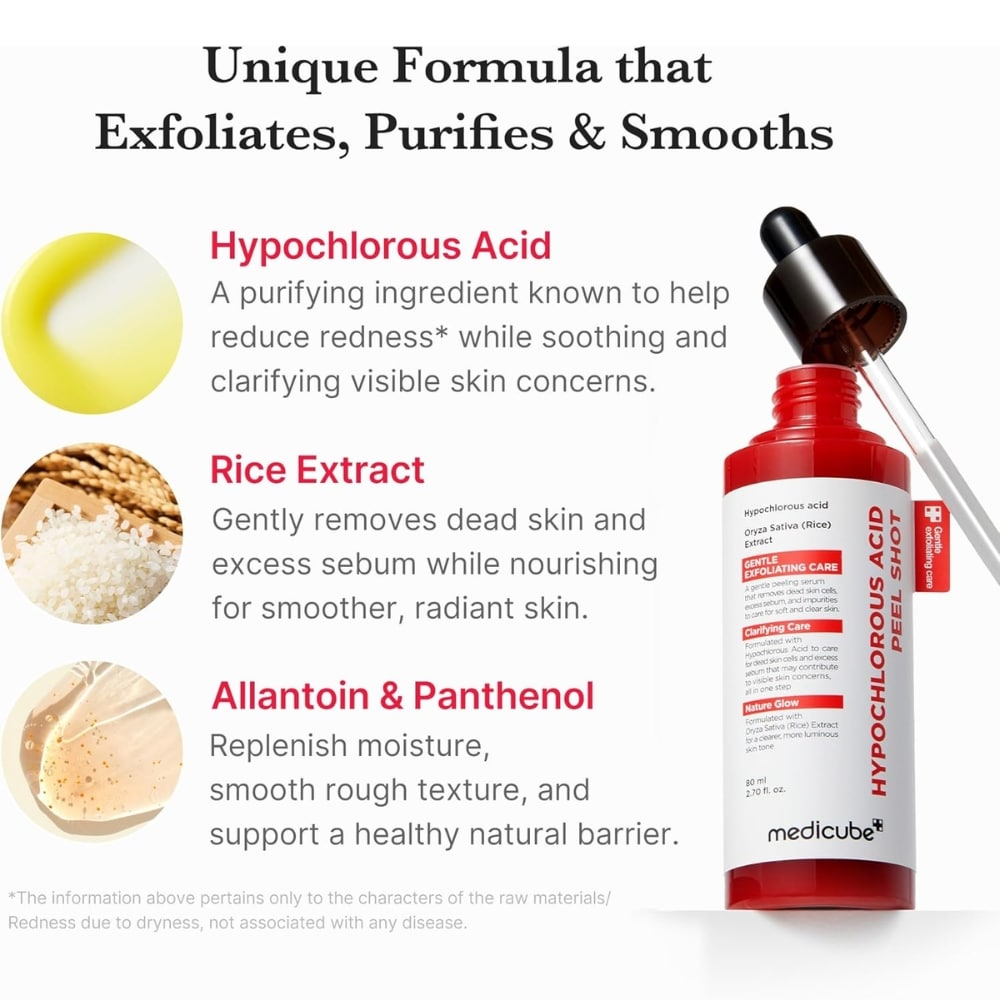 Infographic-style image showing a red Hypochlorous Peel Shot bottle on the right and three ingredient blocks on the left: Hypochlorous Acid, Rice Extract, and Allantoin & Panthenol with brief descriptions.