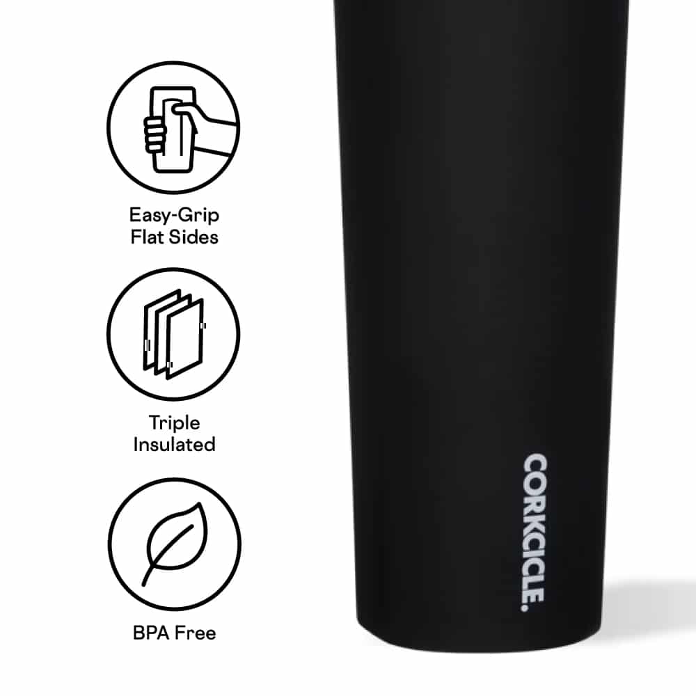 Black Corkcicle bottle with three side icons: Easy-Grip flat sides, Triple insulated, BPA free (left).