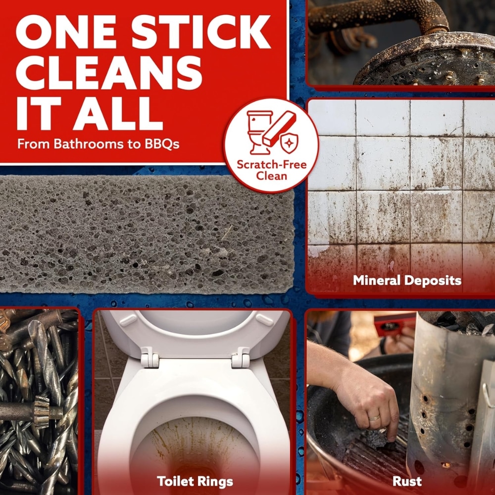 Infographic collage advertising a cleaner; features Mineral Deposits, Toilet Rings, Rust, and a Scratch-Free Clean badge.