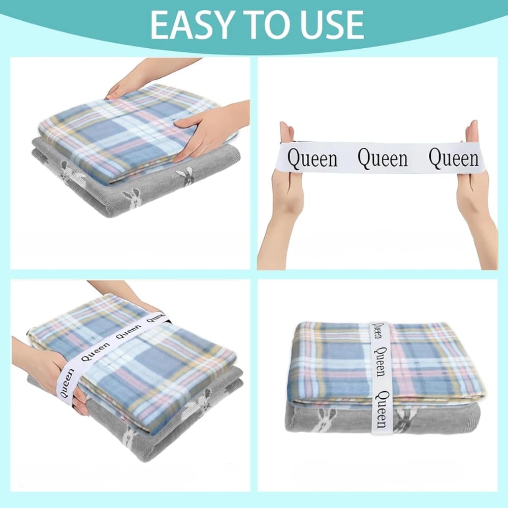 Folded plaid blanket being smoothly folded and tied with a Queen ribbon to show easy-to-use packaging.