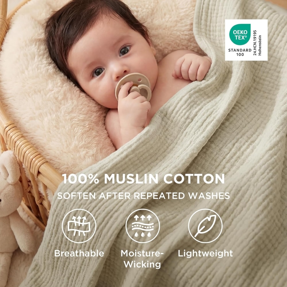 Baby wrapped in a soft 100% muslin cotton blanket in a basket, with a certification badge and features: breathable, moisture-wicking, lightweight.