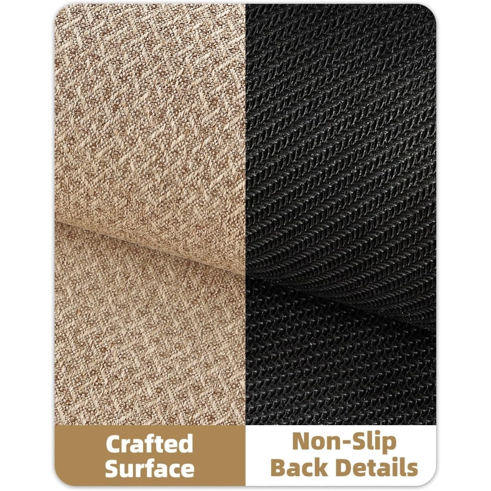 Two-tone fabric swatch: beige textured surface on left and black non-slip weave on right, with captions at bottom reading 'Crafted Surface' and 'Non-Slip Back Details'