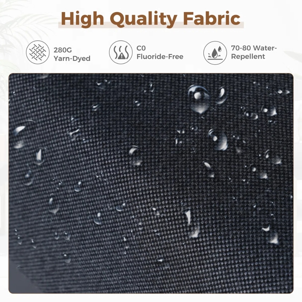 Dark fabric close-up with water droplets highlighting water-repellent texture and woven pattern, labeled 'High Quality Fabric' banner above.