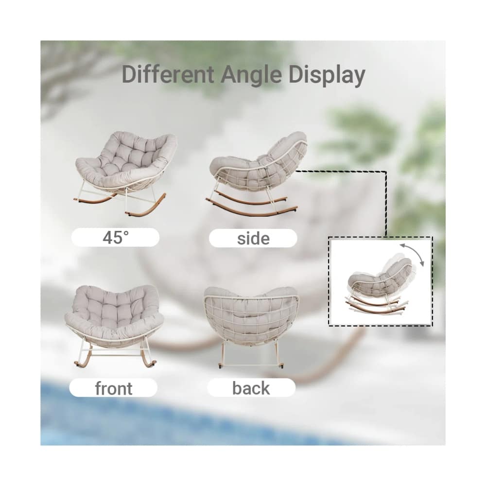 Diagram showing a cushioned rocking chair from multiple angles: 45° view (front-left angle), side view, front view, back view, with a small inset highlighting a tilted position.