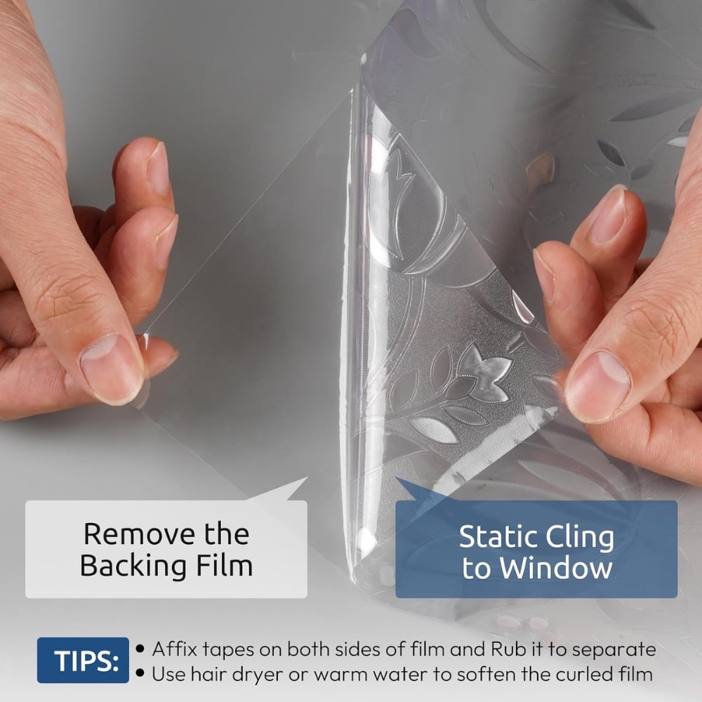 Hands peel away the backing film from a decorative window cling showing its two application labels: 'Remove the Backing Film' and 'Static Cling to Window'.