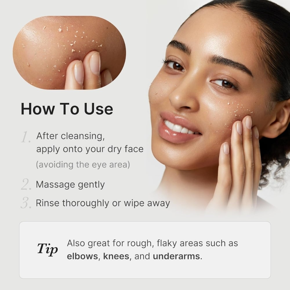 Step-by-step skincare infographic: apply exfoliant to a dry face after cleansing, massage gently, rinse thoroughly; tip notes elbows, knees, and underarms.