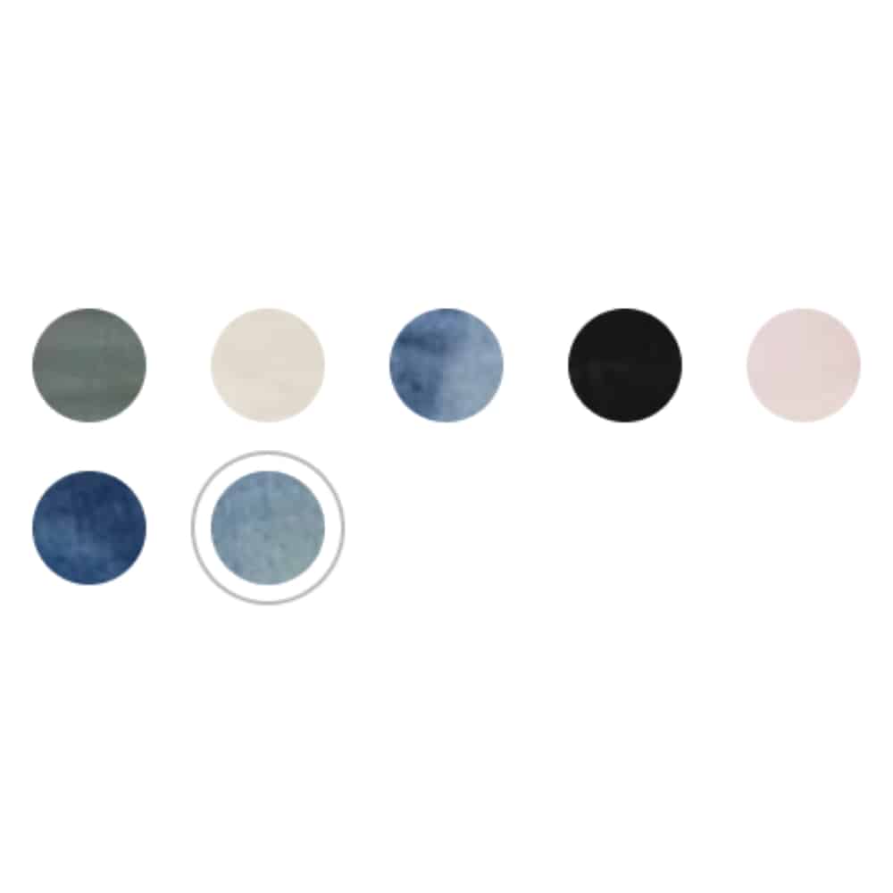 Color swatches palette showing gray-green, beige, blue, black, pale pink; dark blue and a light blue swatch selected.