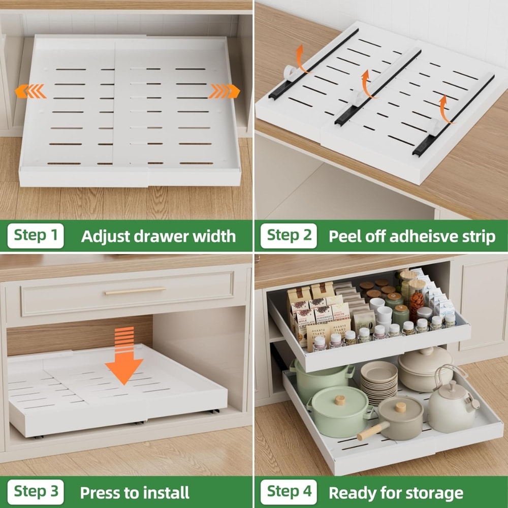 Four-panel kitchen drawer organizer tutorial: Step 1 adjust drawer width; Step 2 peel adhesive strip; Step 3 press to install; Step 4 ready for storage with neatly organized cookware and items.