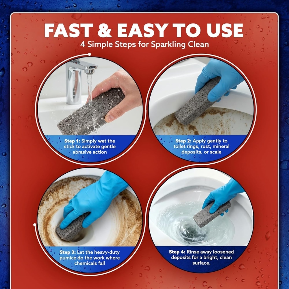Infographic showing four steps to clean a toilet with blue-gloved hands using a sponge, on a red background.