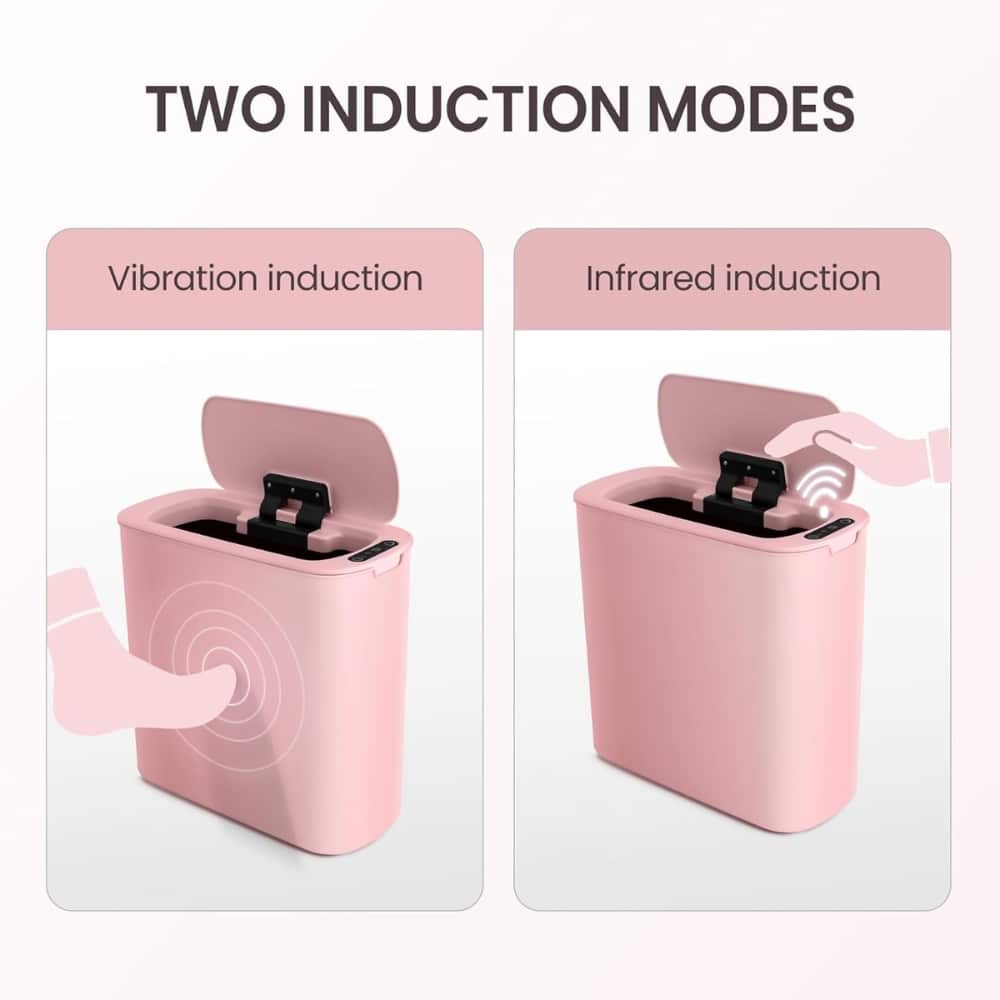 Two-panel diagram showing induction modes for a pink device: left panel labeled 'Vibration induction' with a finger touching a circular area; right panel labeled 'Infrared induction' with a hand near the top front sensor and a wireless symbol.