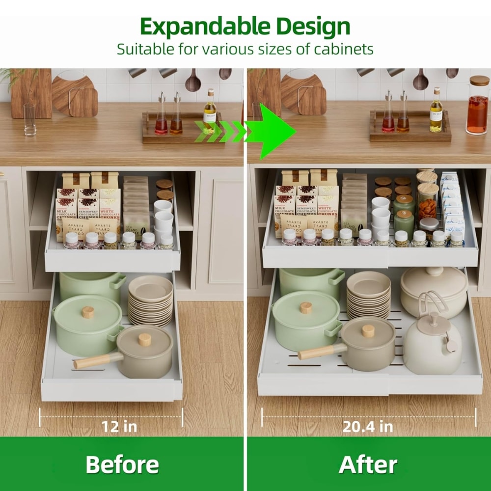 Comparison image of a kitchen drawer organizer: left shows a compact 'Before' drawer at 12 in, right shows expanded 'After' to 20.4 in with neatly arranged pots, pans, and utensils.
