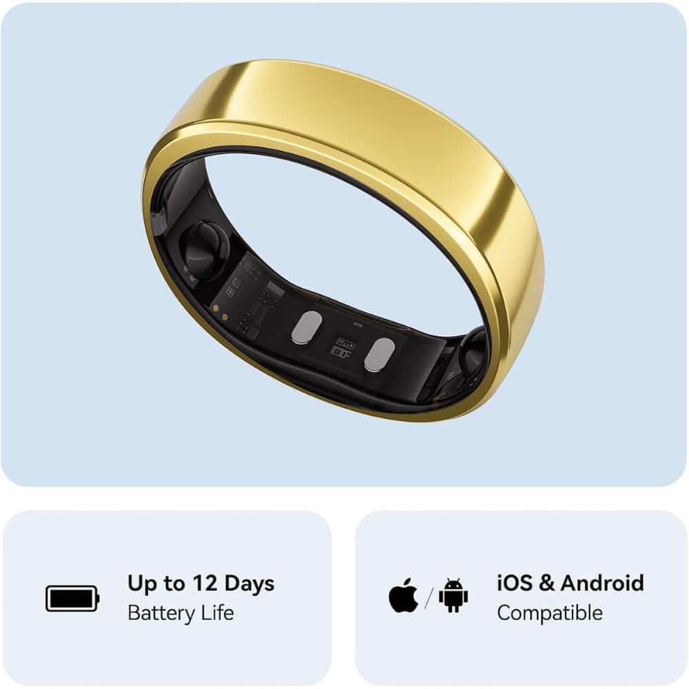 Gold smart ring with black interior on a light blue background; up to 12 days battery life and iOS/Android compatibility.