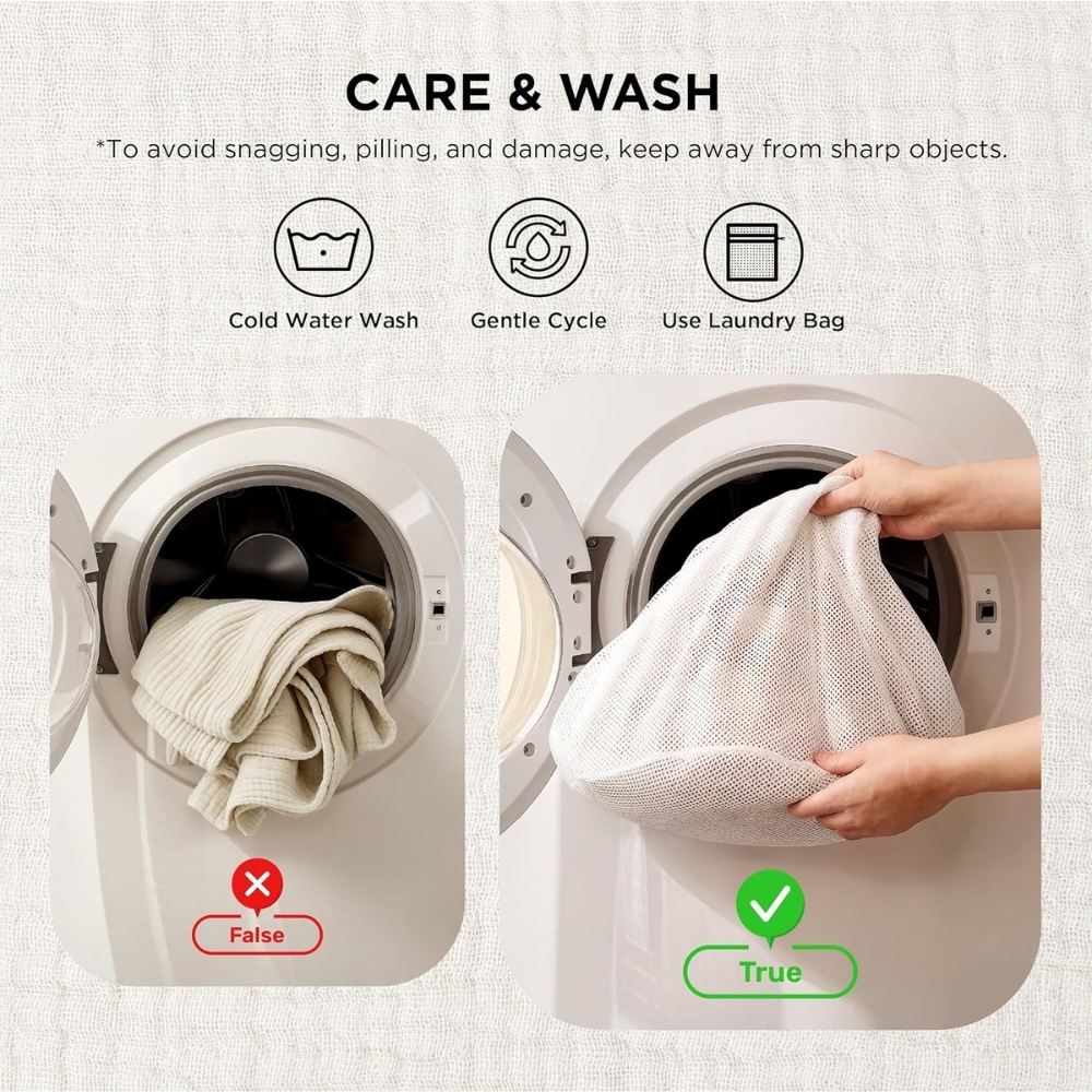Care & wash instructions: keep away from sharp objects; use Cold Water Wash, Gentle Cycle, and a Laundry Bag.