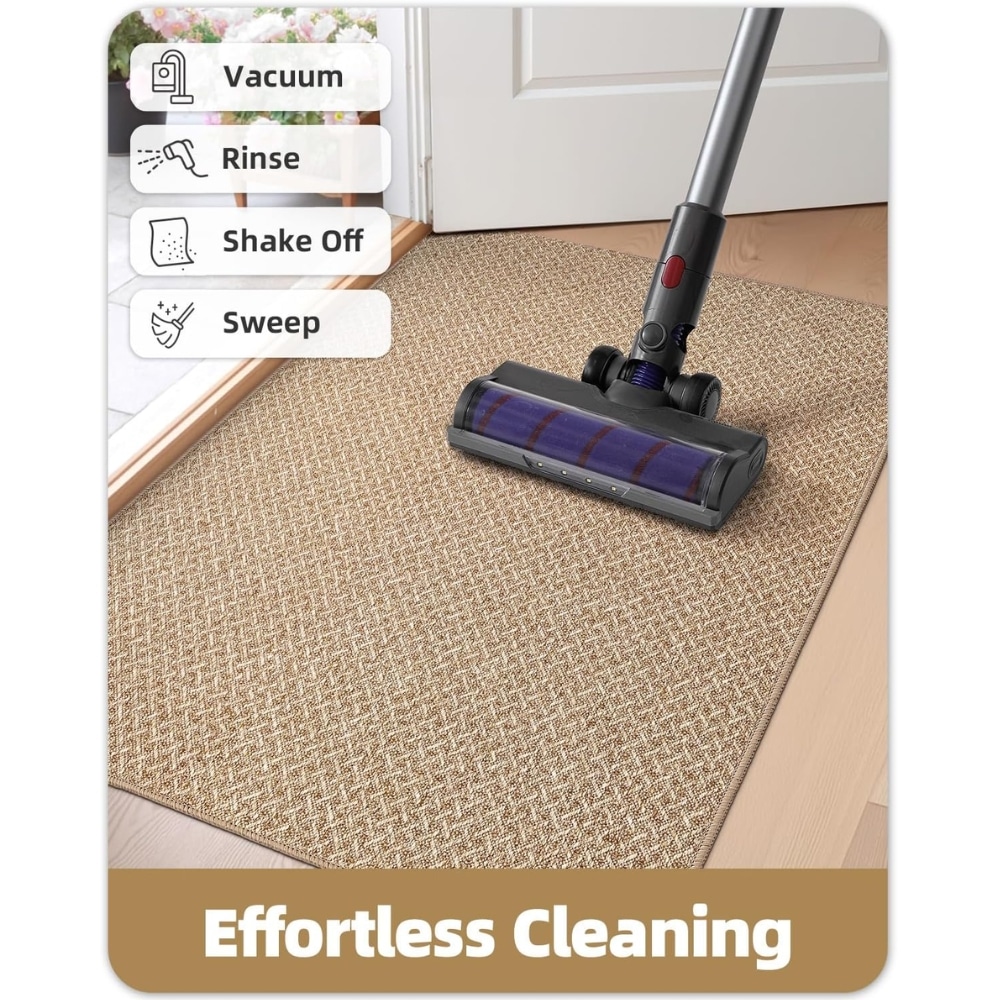 Cordless vacuum cleaner on a beige rug with on-screen feature labels: Vacuum, Rinse, Shake Off, Sweep; captioned 'Effortless Cleaning' at bottom.