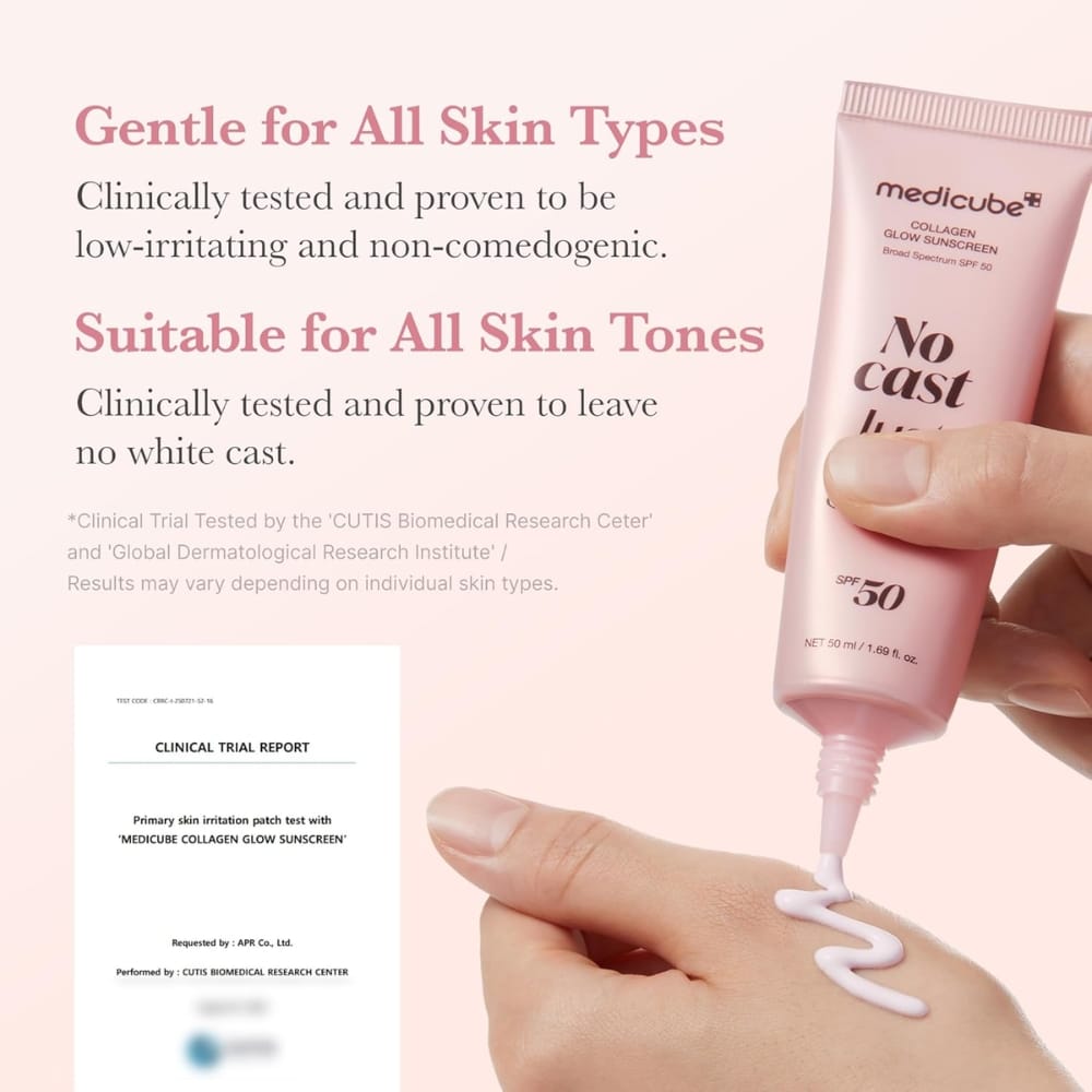 Advertisement showing a pink tube of Medicube No Cast Glow Sunscreen being squeezed onto a hand; text promotes suitability for all skin types and tones.