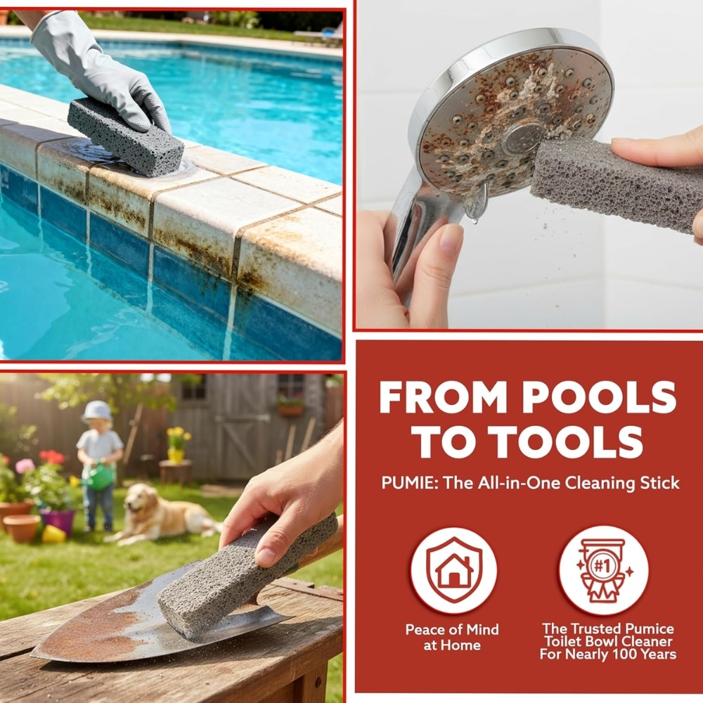 Gloved hand scrubbing the pool edge with a gray sponge beside clear blue water, removing grime from the tile.