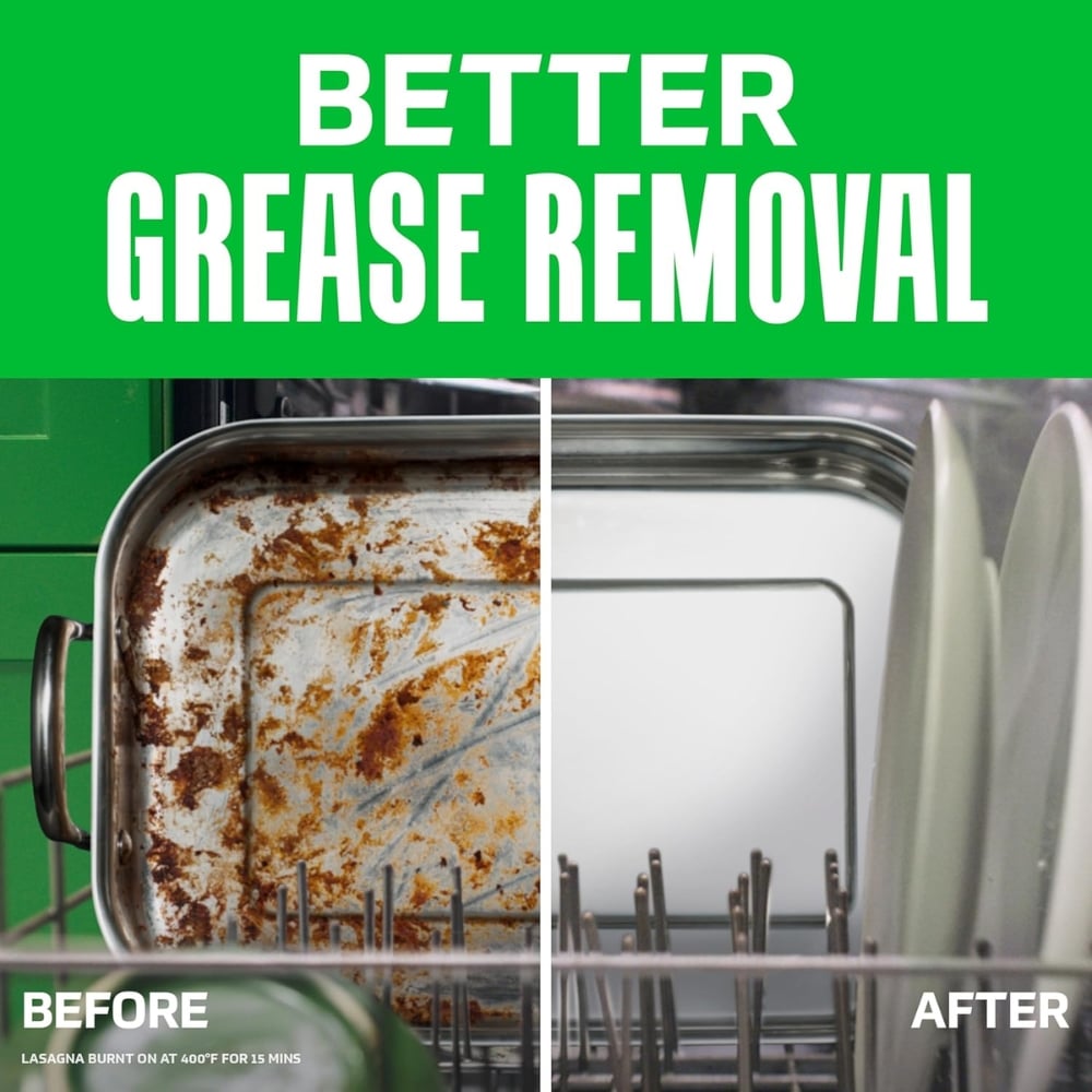 Split image: burnt, rust-stained oven tray on the left (Before) and a clean, shiny tray on the right (After) beneath a green banner that reads 'Better Grease Removal'. Caption at bottom mentions the before/after.