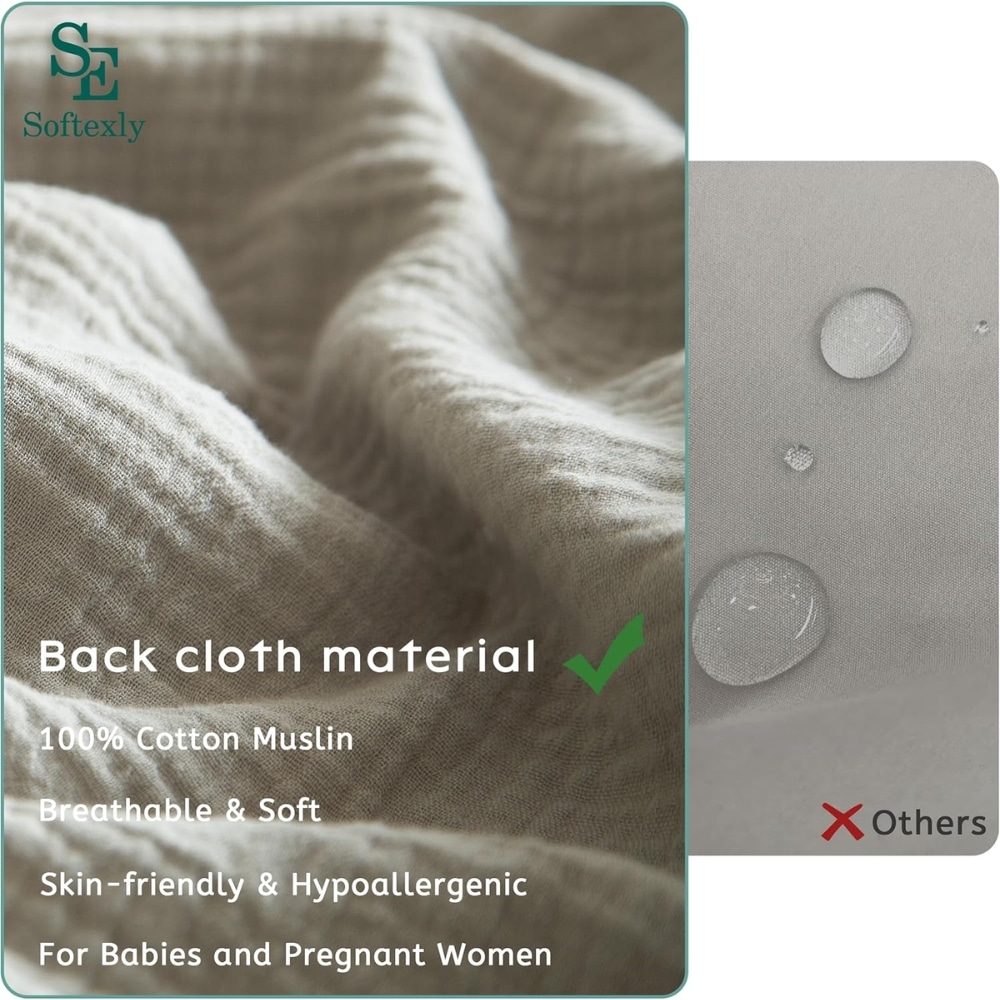 Softexly back cloth material label on soft cotton muslin blanket, with a green check mark and listed benefits for babies and pregnant women