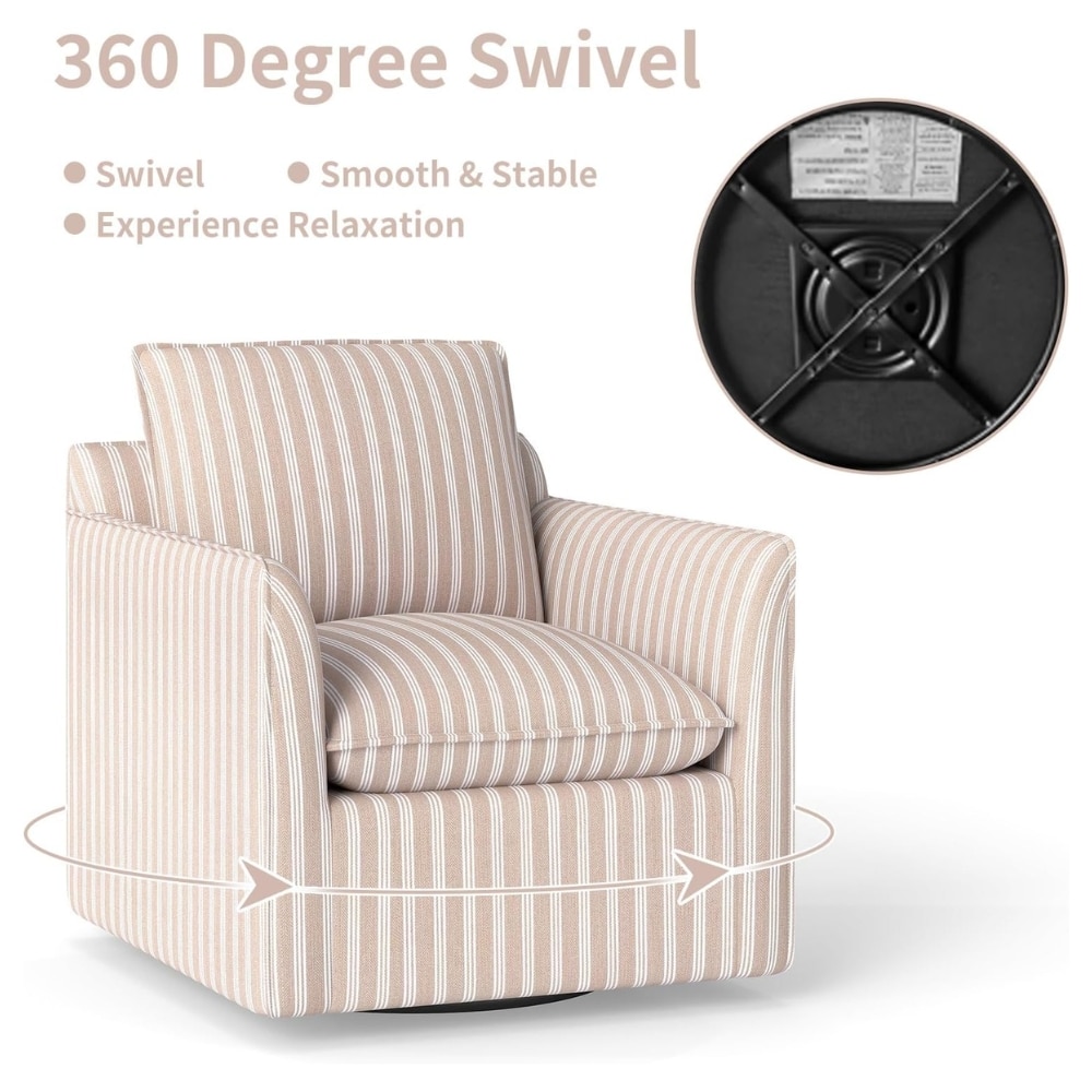 Beige striped swivel armchair with 360-degree rotation arrows and labeled features: Swivel, Smooth & Stable, Experience Relaxation.