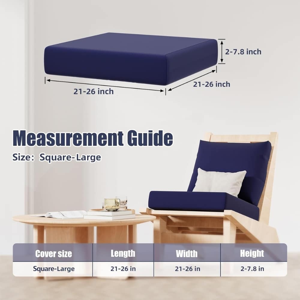Measurement guide for a square-large cushion: cushion dimensions 21–26 in (length and width) and 2–7.8 in thick; shows a blue cushion on a chair and a wall label with measurements, plus a size table at bottom.