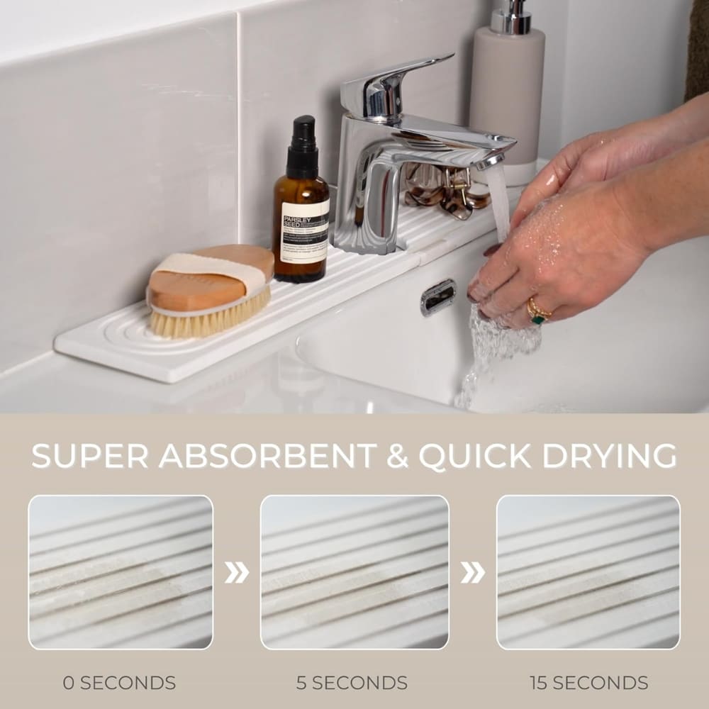 Person washes hands at a bathroom sink; on the counter sits a brush and bottles beside a white drying mat. The lower panel reads 'SUPER ABSORBENT & QUICK DRYING' with three time-lapse images (0, 5, 15 seconds) showing the mat drying.