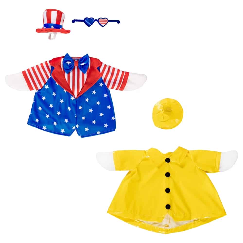 Patriotic kids' costume set: blue star jacket with red striped sleeves, yellow dress, yellow hat, and heart sunglasses.