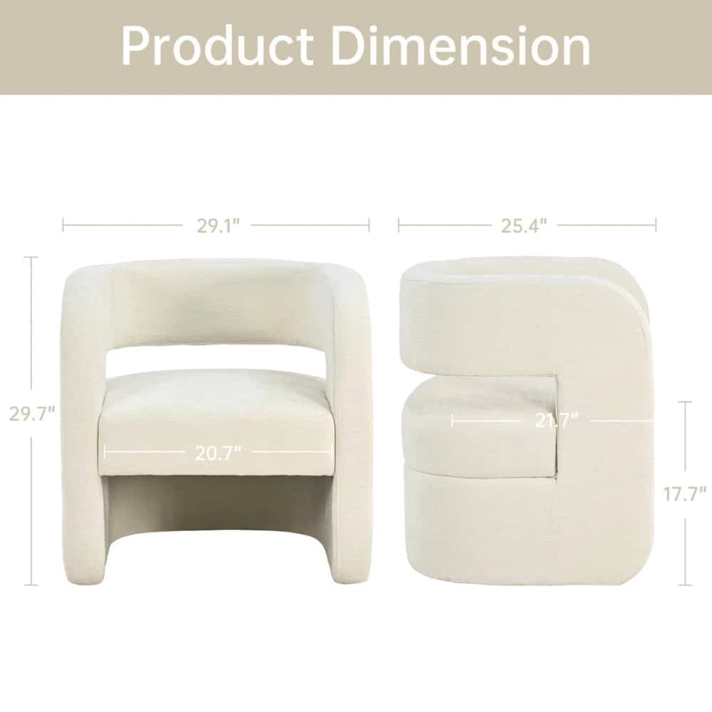 Front and side views of a white upholstered modern chair with dimension arrows showing height and seat dimensions (about 29.7 in tall; seat ~20.7 in wide; depth ~21.7 in).
