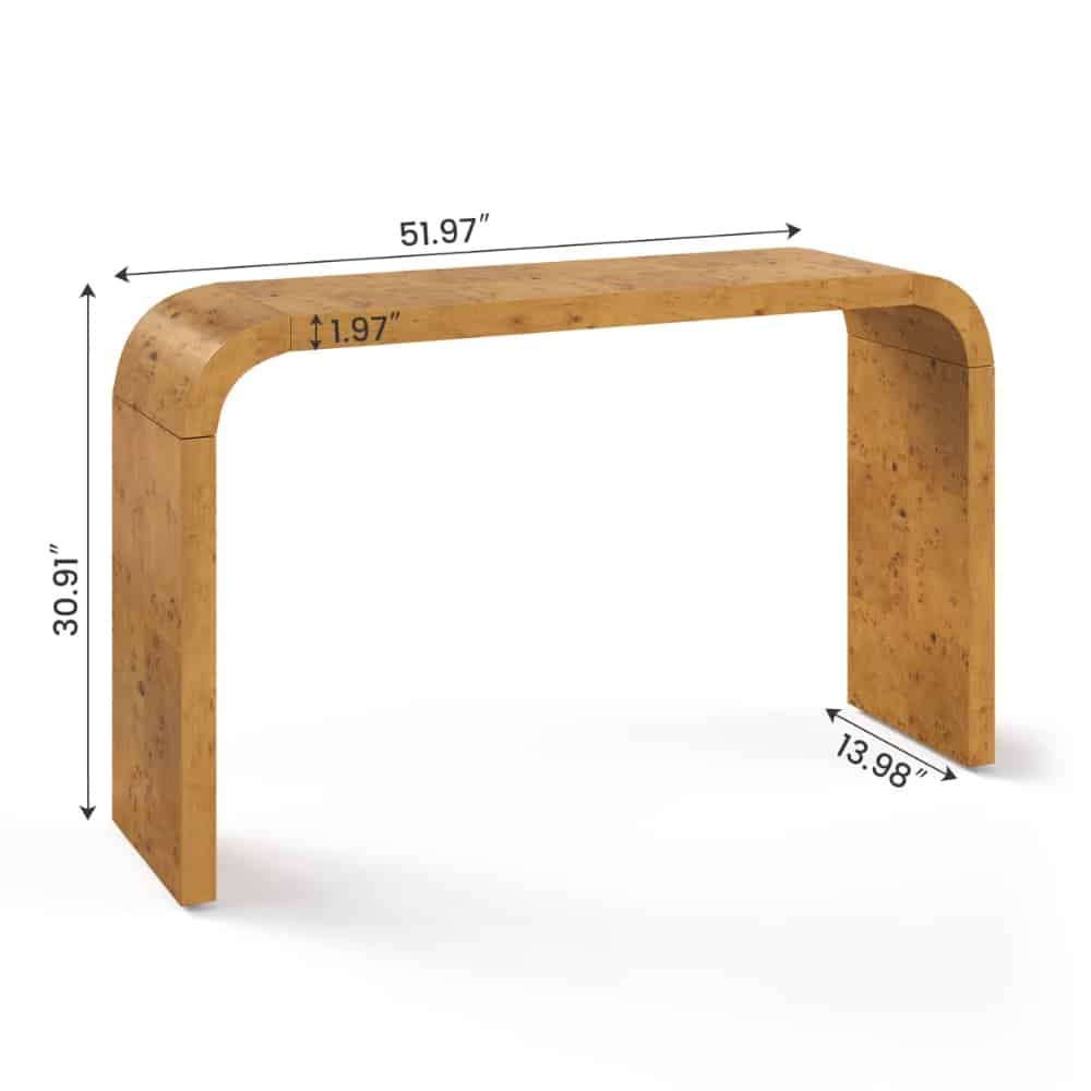 Wooden curved-frame console/desk with rounded corners; dimensions: 51.97" long, 30.91" tall, 13.98" deep.