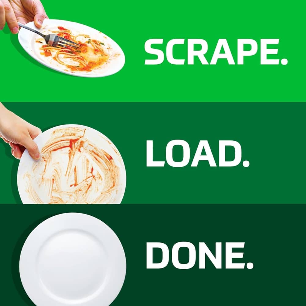 Three-panel green infographic: top panel shows a hand scraping a plate with a fork and the word 'SCRAPE.'; middle panel shows a hand loading a plate with sauce and the word 'LOAD.'; bottom panel shows a clean white plate with the word 'DONE.'