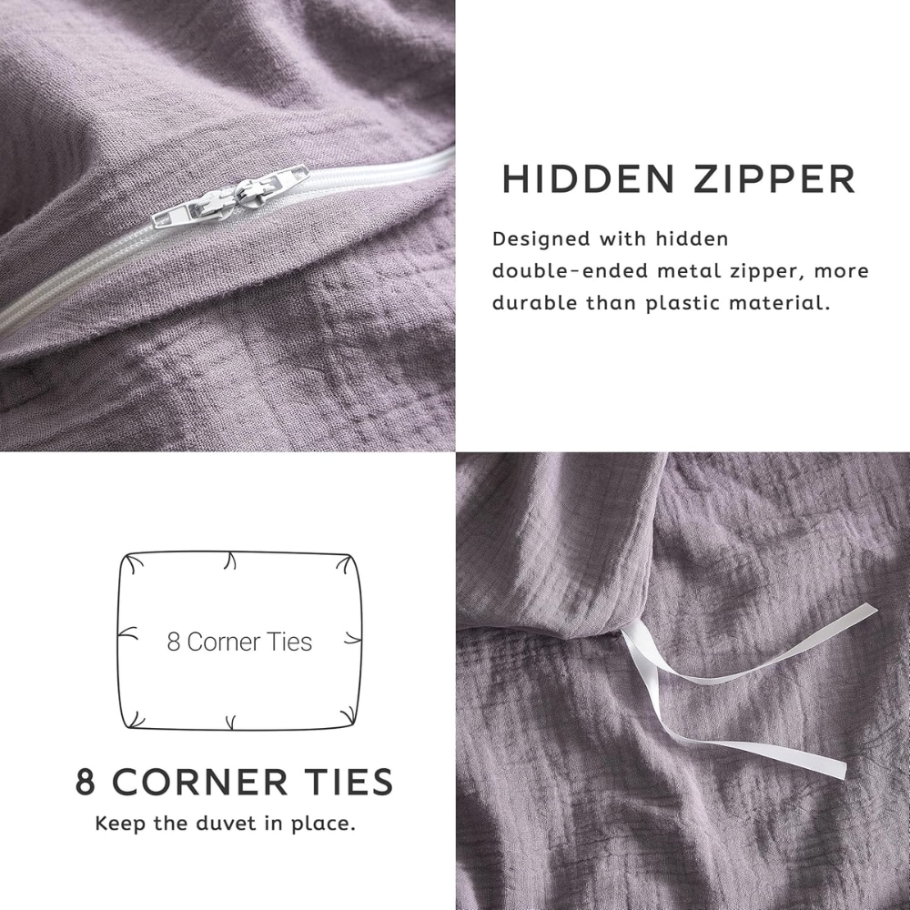 Collage shows a hidden metal zipper on lavender fabric, an 8 corner ties diagram, and a duvet with ribbons illustrating features.