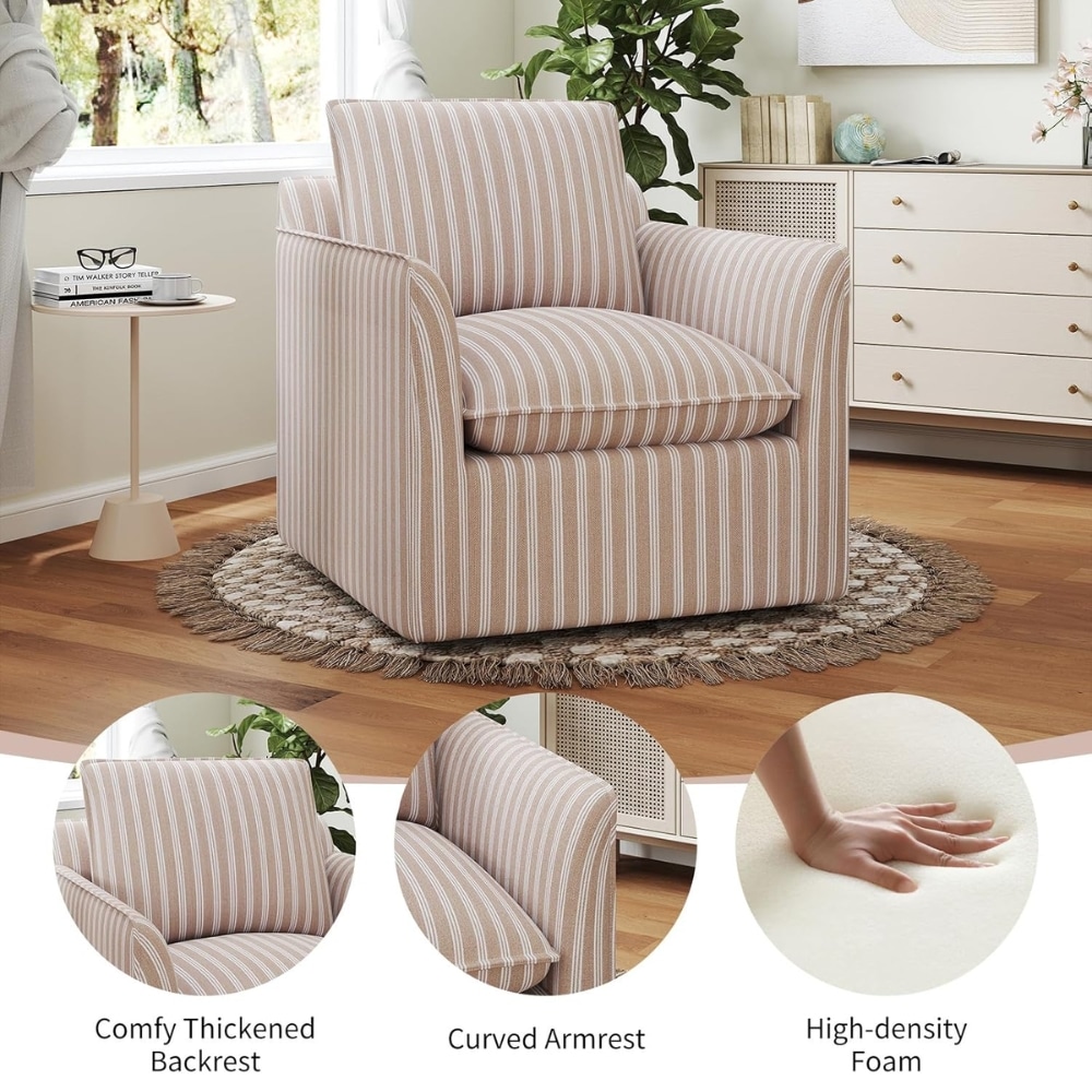 Beige striped armchair with thick backrest and curved arms on a round woven rug in a bright living room, showing a cozy seating area.