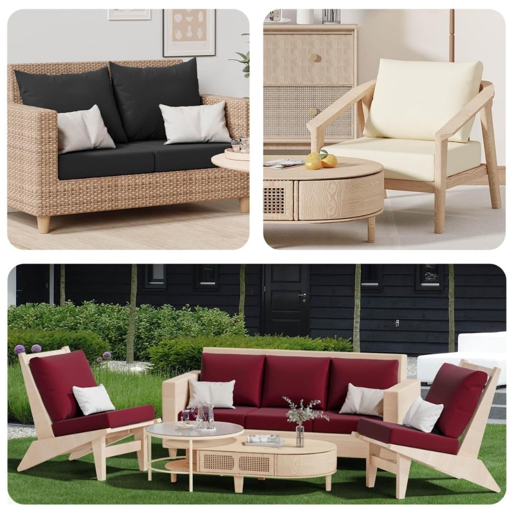 Three-panel collage of modern furniture: indoor woven rattan sofa with black cushions, a light wood armchair with cream cushion and matching round coffee table, and an outdoor wooden sectional with burgundy cushions on the lawn.