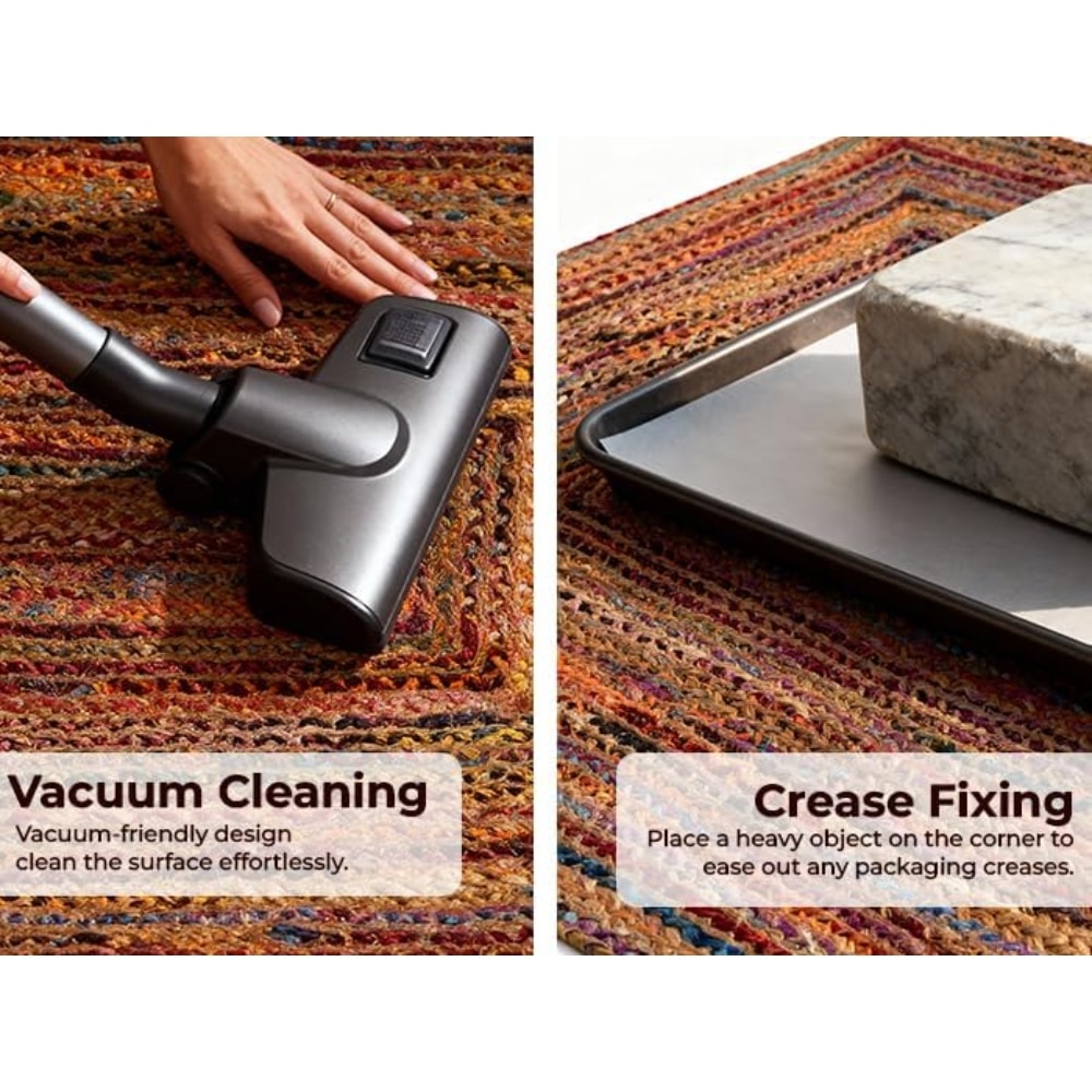Two-panel infographic: left shows a vacuum head cleaning a patterned rug; right shows a heavy object on a tray to straighten packaging creases.