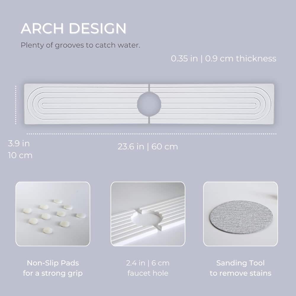 Infographic for Arch Design: a long rectangular panel with concentric grooves and a central circular cutout, showing dimensions (23.6 in/60 cm length, 0.35 in/0.9 cm thickness) and three accessory images labeled Non-Slip Pads, 2.4 in faucet hole, and Sanding Tool.
