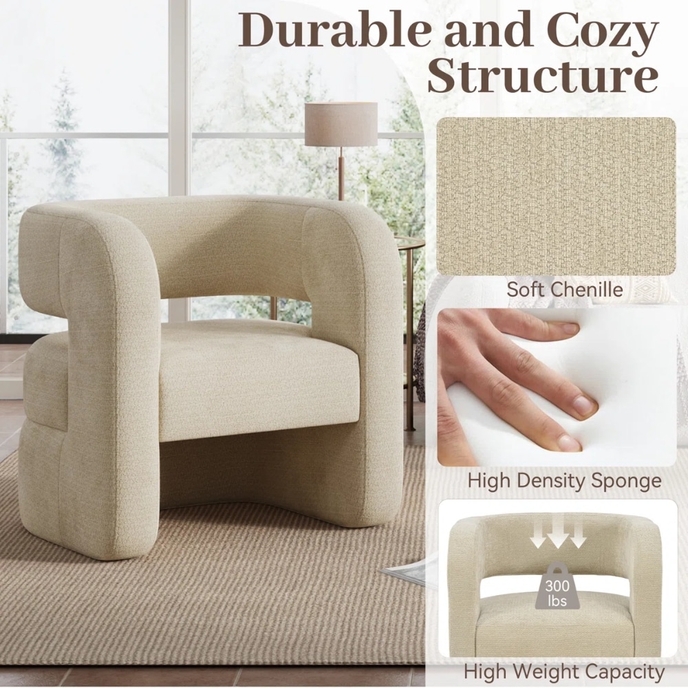 Cream-colored armchair with rounded, thick arms and soft chenille fabric; highlights include high-density sponge and a 300 lb weight capacity.
