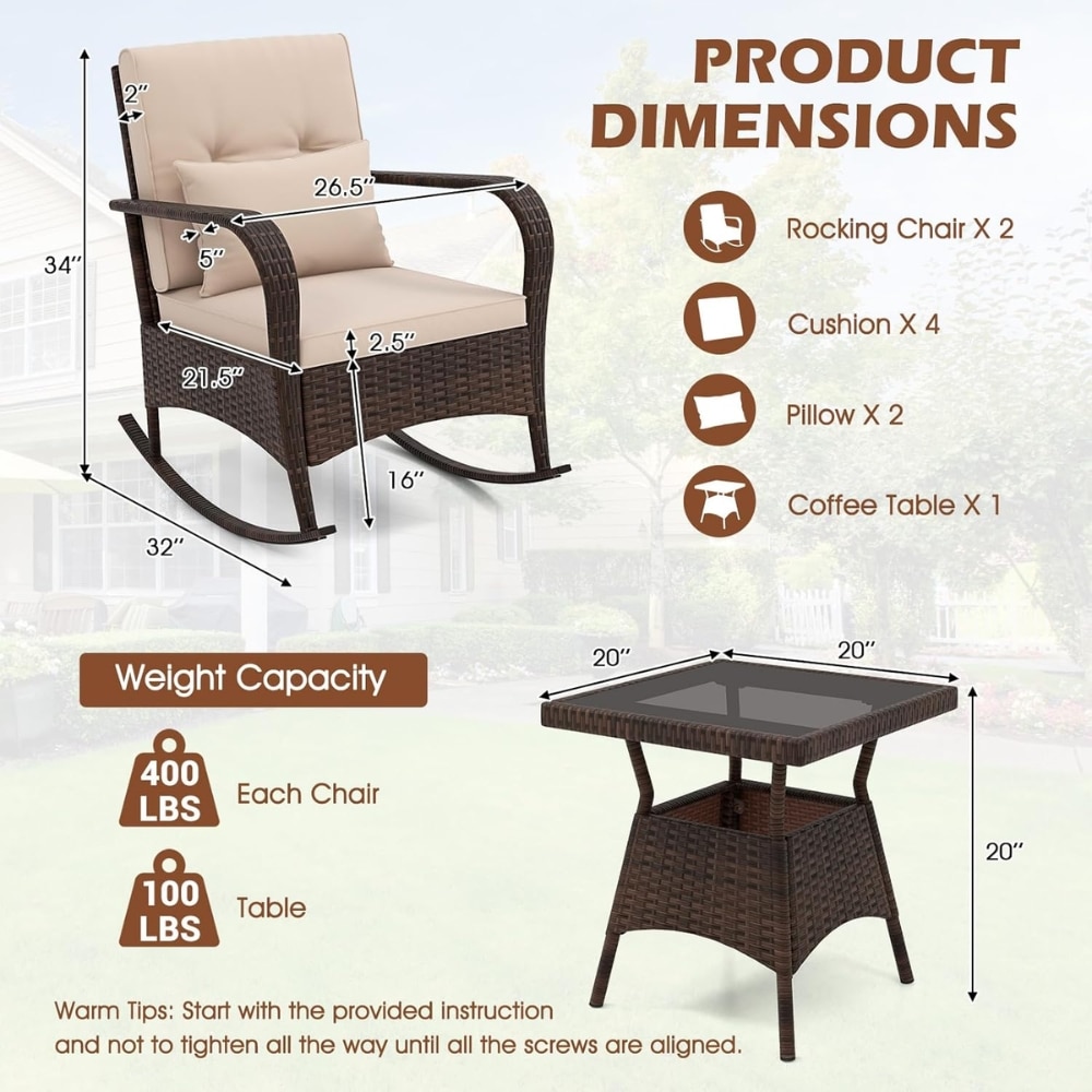 Infographic of outdoor wicker rocking chair set with cushions and a 20-inch-square coffee table; chair height 34", width 32", seat depth 21.5"; table height 20". Weight limits: 400 lbs per chair, 100 lbs per table.