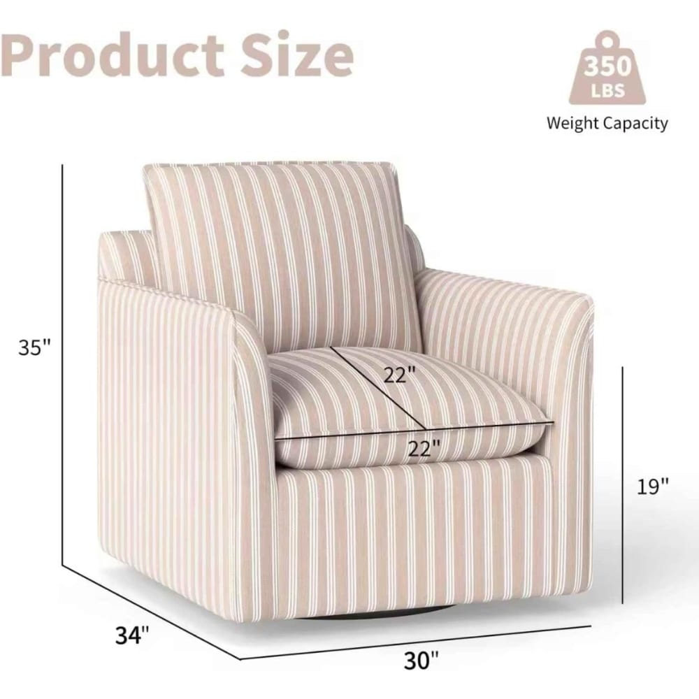Striped armchair with dimensions: 34" wide, 30" deep, 35" tall; seat 22" by 22"; supports up to 350 lb.
