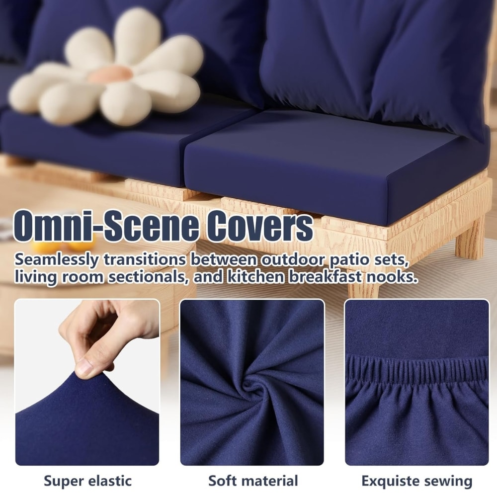 Advertisement image for Omni-Scene Covers showing blue cushioned seating with a white flower pillow, highlighting stretch, softness, and sewing quality.
