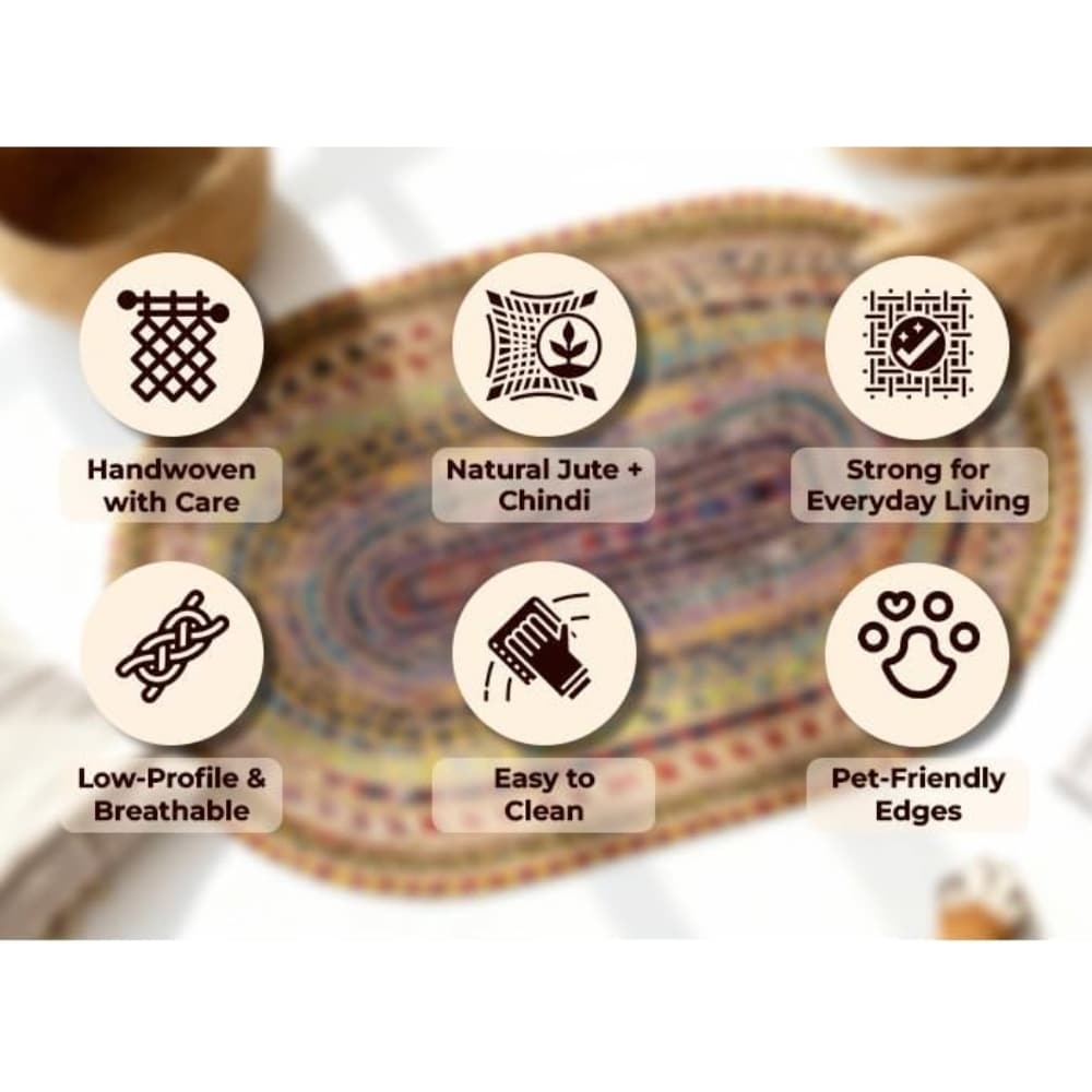 Six circular feature icons over a woven rug background, listing: Handwoven with Care; Natural Jute + Chindi; Strong for Everyday Living; Low-Profile & Breathable; Easy to Clean; Pet-Friendly Edges.