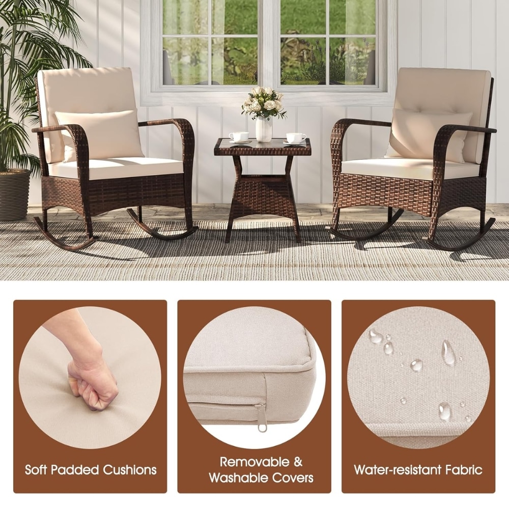 Wicker patio seating: two cushioned rocking chairs and a small table on a sunlit porch, with badges for soft cushions, removable covers, and water-resistant fabric.