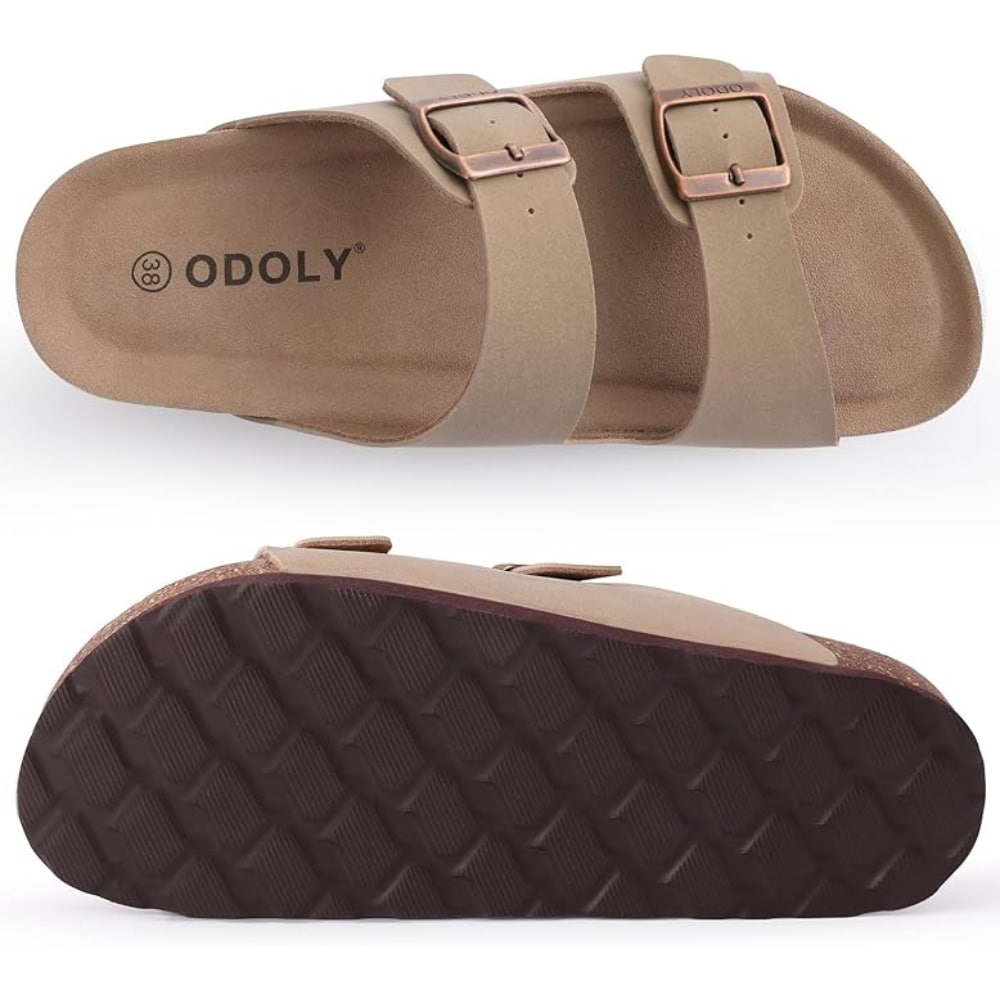 Beige Odoly double-strap slide sandal with adjustable rose-gold buckles, shown from top and bottom.