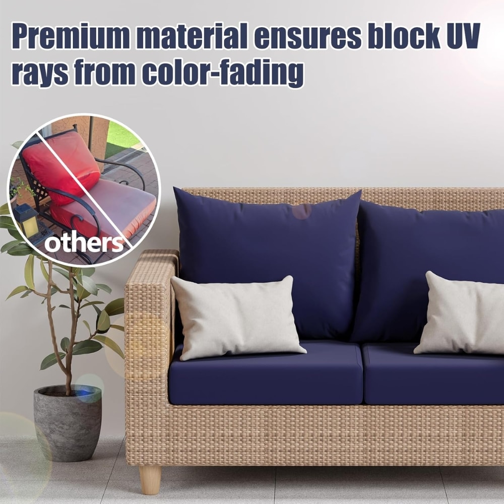 Living room scene with a wicker sofa and navy cushions; headline says premium material blocks UV rays to prevent color fading. An inset circle shows 'others' furniture with a red cushion crossed out, indicating better UV protection.